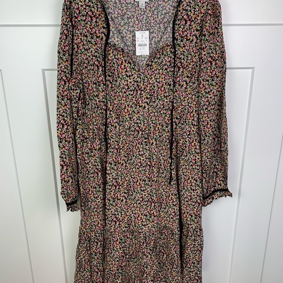 NWT J Crew Factory Size 14 Long Sleeve Tie Neck Dress Black Pink Floral - Picture 4 of 9